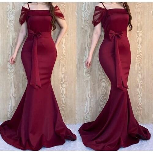 Retro Long Off Shoulder Satin Prom Dresses with Bow Mermaid Sweep Train Lace Up Backless Abendkleider Robes de Soirée for Women