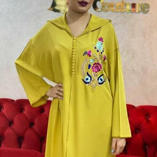Embroidery Floral Dress Long Dubai Muslim Women 2021 Spring Summer Fashion Hooded Long Sleeves Elegant Maxi Dresses Robe Femme