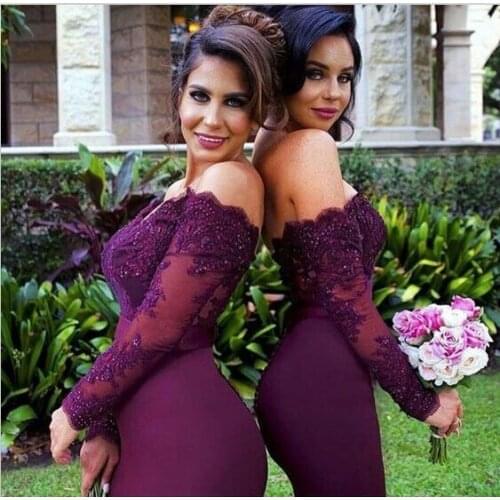 Burgundy Mermaid Long Bridesmaids Dresses Appliques Long Sleeve Women Prom Gown for Wedding Party