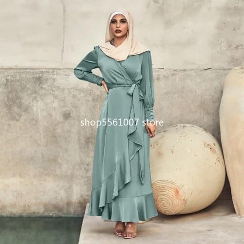 Women Muslim Hijab Dress Wrap Front Ruffles Thick Satin Long Sleeves Dubai Turkey Abaya Party Evening Elegant Outfit Modesty