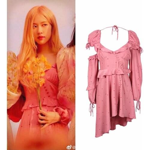 Kpop Rose same Retro style sexy off-shoulder irregular pink dress women summer streetwear party loose lace-up dresses