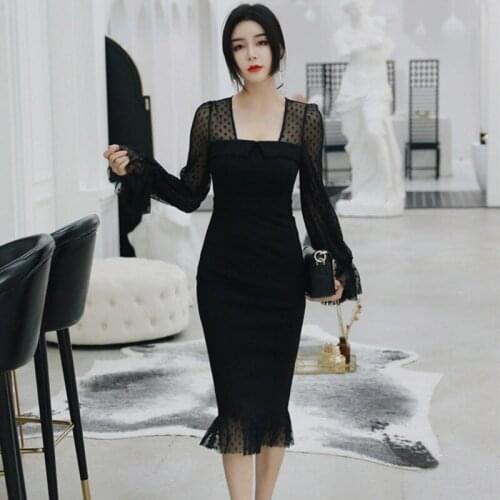 Plus Size 2021 Autumn Brand Sexy Dress Women Split Trumpet Casual Black Dress Women Square Collar Print Polka Dot Dress Women