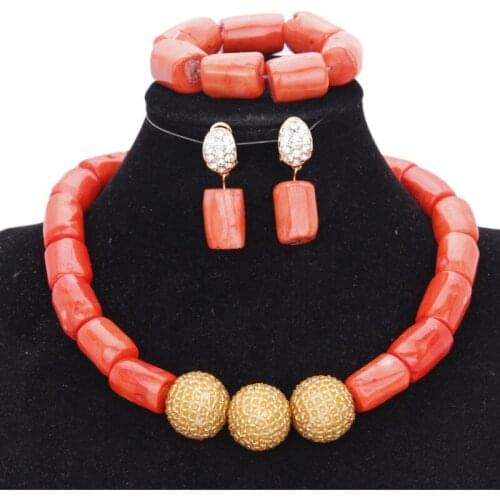 Gold Ball Dubai Necklace Set 100 % Nature Original 13-14 MM Coral Beads Wedding Jewelry Set Choker Jewellery Set For Bridal New