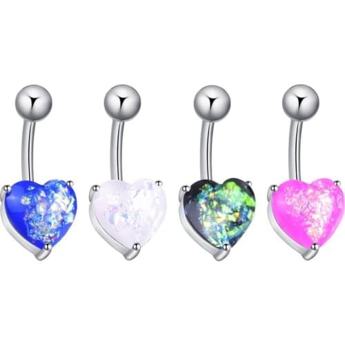 1PC Resin Love Heart Belly Button Rings 316L Surgical Steel Bar Navel Rings Belly Rings Fake Opal Belly Piercing for Women 14G