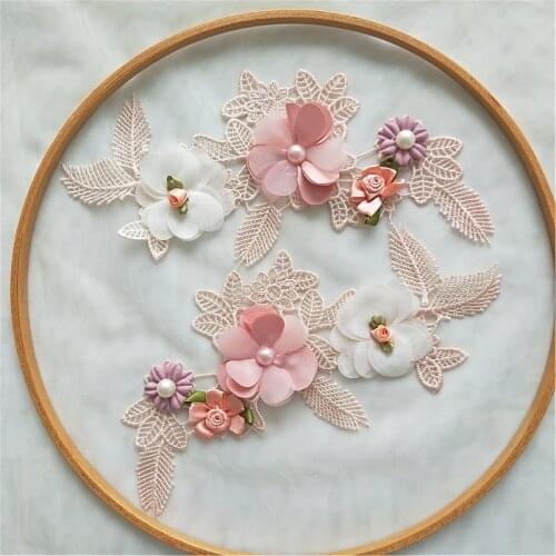 2pc/set beaded lace applique patch for wedding dresses 3d floral rhinestone lace appliques patches decorative parches floral