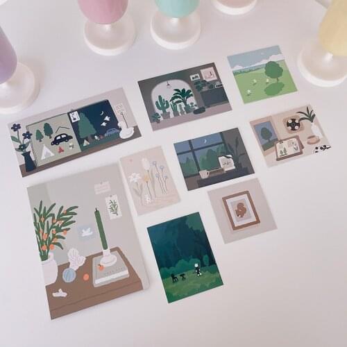 9 Pcs Korean Ins Forest Decorative Cards Photo Props Postcard Collocation DIY Scrapbook Diary Wall Sticker Room Cute Stationery
