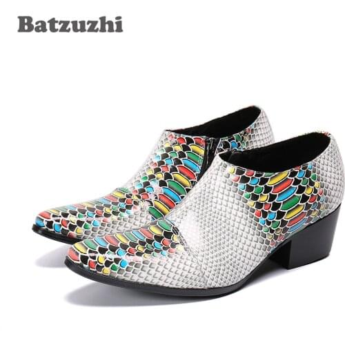 Batzuzhi 6.5cm High Heel Mens Leather Dress Shoes Zip Ankle Leather Shoes Pointed Toe Color Business, Party and Wedding Chaussu