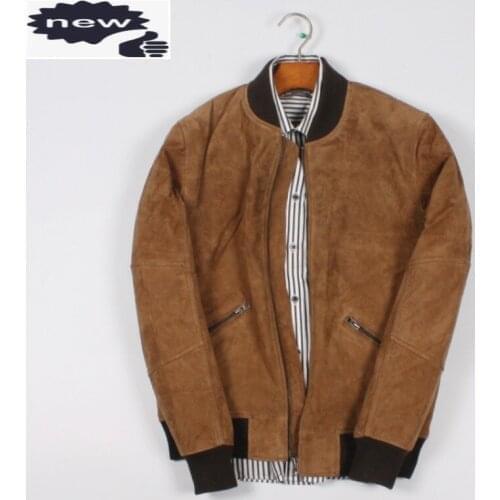 Baseball Slim Classic Pigskin Genuine Men Stand Collar Brown Male Real Leather Jacket Zipper Fashion Korean coat