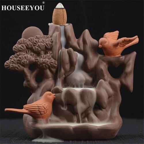 HOUSEEYOU Birds Rockery Mountains Waterfall Incense Burner Stick Backflow Incense Holder Aromatherapy Censer New Year Gifts