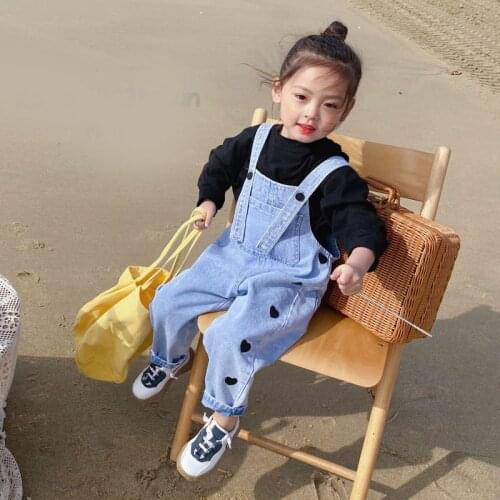 Heart Pattern Pants for Kids 2021 Spring Autumn Bottom Mid Waist Denim Pants Sleeveless Jumpsuits Childrens Playsuit Jeans