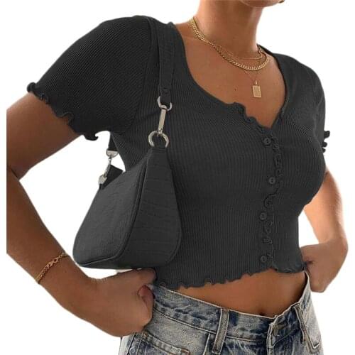 Ribbed Short Sleeve T shirt For Women Ruffles Crop Top Sexy Cropped Tops Solid Color Button Tshirt Fashion Knitted Harajuku Tops