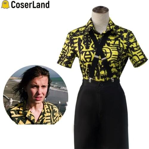 Stranger Things Eleven Cosplay Costume Girl Yellow Printed Collared Shirt Women 80s Dress Outfit Suit Mardi Gras Clothes Set