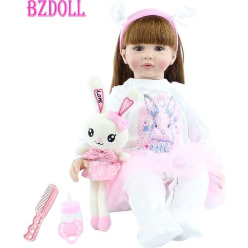60cm Soft Silicone Reborn Toddler Baby Girl Doll Toys Lifelike Vinyl Long Hair Princess Alive Bebe Dress Up Doll With Rabbit