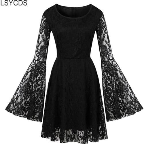 LSYCDS 2020 New Solid Black Dresses Long Flare Sleeve Party Lace Dress Women Autumn Elegant Mini Dresses