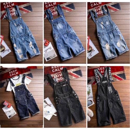 Mens Denim Suspenders Shorts Summer One-Piece Denim Overalls Mens Shorts Five-point Denim shorts Slim Overalls Jeans For Men