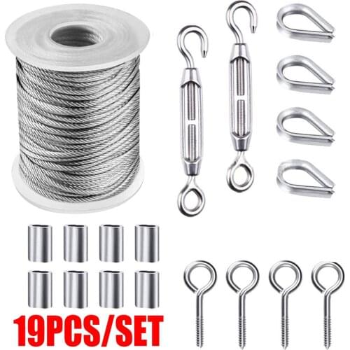19pcs/set 15M Multifunctional Steel Flexible Wire Rope Kit Soft Stainless Steel Cable Tent Rope Hanging Clothesline Diameter 2mm