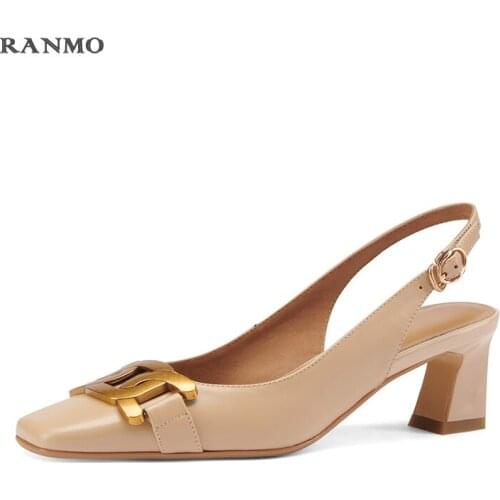 2021New Leather Womens Sandals Fashion Square Heels Womens Summer Party Shoes Leather Corner Metal Decorative Sandals High Heels