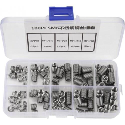 100Pcs M6x1x1D/1.5D/2D/2.5D/3D Stainless Steel Coiled Wire Insert Helical Threaded Inserts Screw Damaged Thread Repair Insert