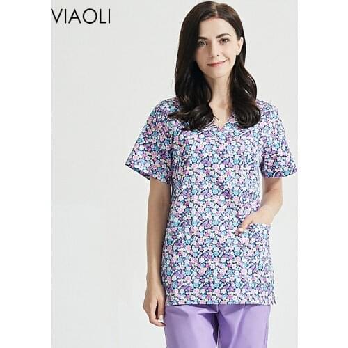 Wholesale new Floral printing Pet club work uniforms scrubs tops spa uniform beauty salon workwear women Lab dustproof work wear