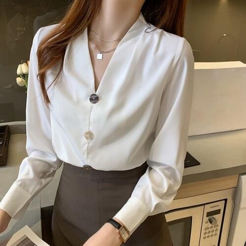 Korean Style Fashion V-neck Button Women Blouse Shirt Spring Autumn Elegant Office Lady Shirts Female Long Sleeve Tops