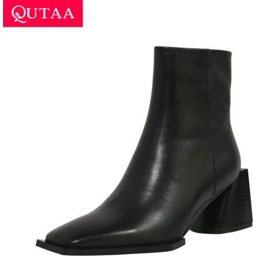 QUTAA 2021 Women Boots Retro Square Toe Autumn Winter Ankle Boots Square High Heel Cow Leather Zipper Short Boots Size 34-39