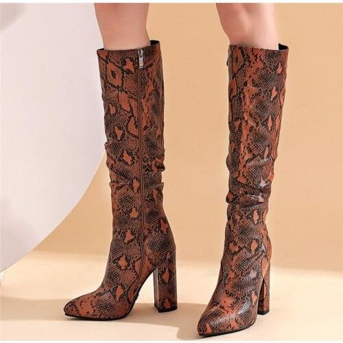 Womens New Fashion Knee High Boots Chunky Heels Pointed Toe Women High Boots Slip On Super High Heels Pleated Botas De Mujer