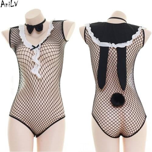 AniLV Women Bunny Girl Fishnet Mesh Bodysuit Swimsuit Costume Sexy Rabbit Ears Bodycon Swimwear Uniform Pool Party Cosplay