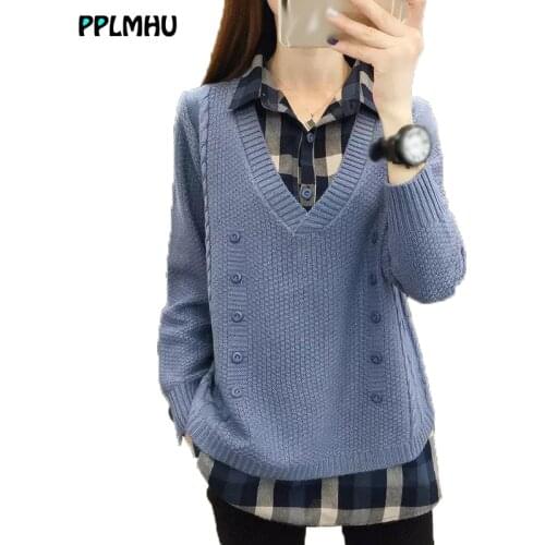 Classical Sweater Shirt Fake Two Piece V-Neck Women Fashion Knitted Ladies Pullover With Button Korean Long Sleeve Knitwear Tops