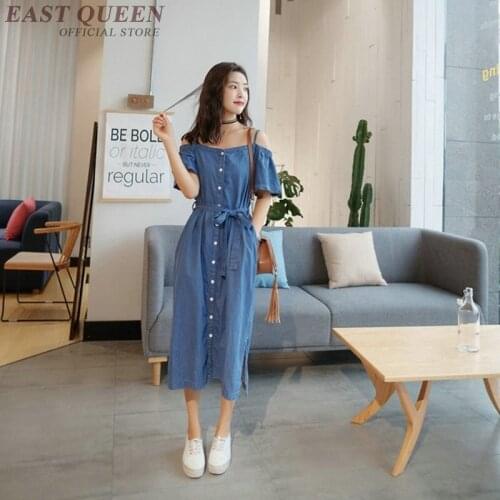 Jean Dresses Women 2019 Summer Dressed Spaghetti Strap Off Shoulder Button Belt Denim Casual Dresses For Women 2019 AA4859