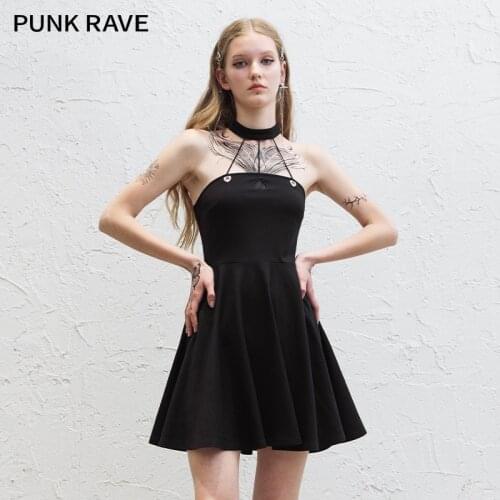 PUNK RAVE Girls Gothic Daily Summer Black Sexy Suspender Dress Outer Wear Hepburn Style Thin Waist Mini Little Black Dress