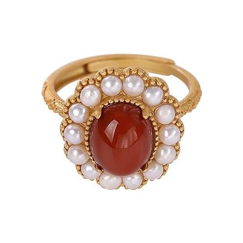 S925 sterling silver gold plated southern red Agate Pearl Ring vintage personality pattern Womens Open ring