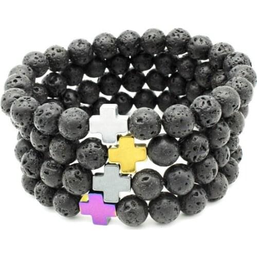 8mm hgrg2 gold cross Magnetite adjusted zircon cubic zirconia Bracelet black volcanic lava Stone bead essential oils diffuser