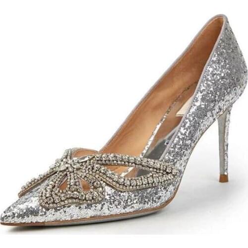 Carpaton Silver Glitter Embellished Wedding Shoes Woman Pointed Toe Crystal Butterfly-knot Party Dress Heels Sexy Stiletto Heels