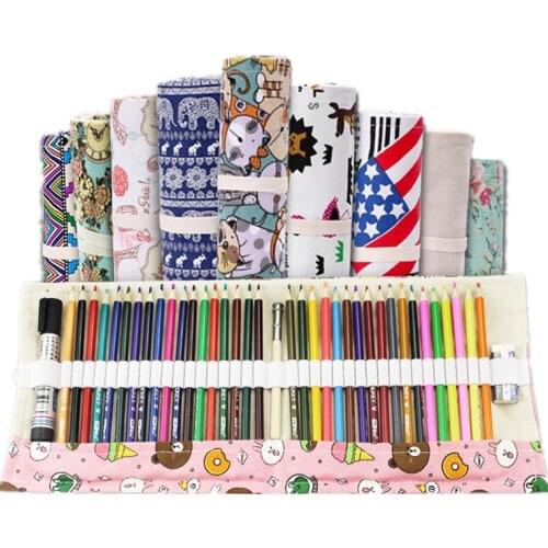 Pencil Case School Supplies Pen Bag 72 Holes Art Pouch Canvas Pen Wrap Roll Makeup Cosmetic Brush Pen Storage Stationery Student