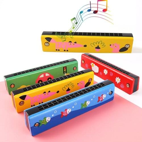 Double Row 16 Hole Harmonica Musical Instruments Childrens Wooden Painted Harmonica Creative Early Education Toy New Teaching