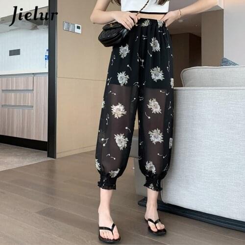 Jielur New Chiffon Womens Pants Print Summer Lantern Harem Pants Thin Mesh Casual Sunscreen Black Loose Trousers Femme Pantalon