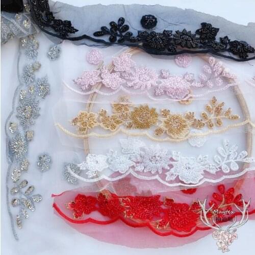 1 Piece 33*6cm Ivory Red Pink Grey Bead Lace Collar Venise Lace Patches Neckline Lace Applique Trim