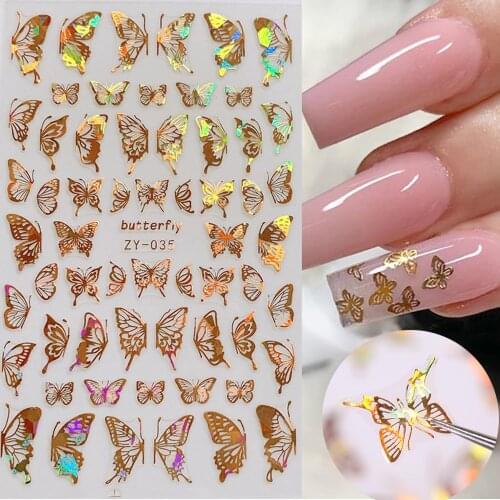 New Gold Silver Shiny Foil 3D Butterfly Nail Stickers Self-Adhesive Holographic Acrylic Nail Decals Nail Art Manicure Nail Decor
