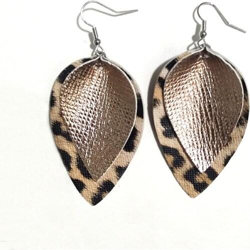 New Gold Cheetah Printed Doubles Glitter Leather Leaf Earrings Layered Leopard Print Long Teardrop Earrings Valentines Day Gift