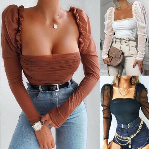 Women Sexy Casual Solid Color Mesh Patchwork Puff Sleeve Ruched Blouse Square Neck Blouse Ladies Casual Top