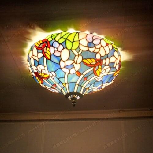 American country flowers and butterflies ceiling lamps Tiffany bedroom study porch balcony lamp glass retro Manual welding lamps
