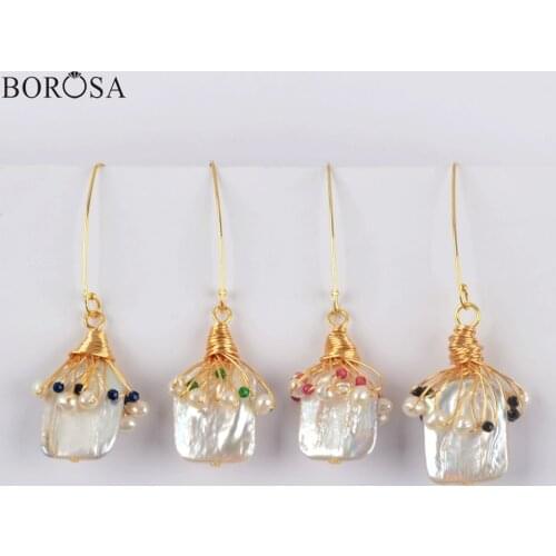 BOROSA 5Pairs Gold Natural Pearl Earrings Irregular Pearl Dangle Earrings Jewelry Baroque Pearl Zircon Earrings Women WX1277-E