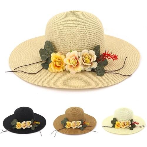 2021 Ladies Summer New Womens Sun Hat Bucket Cap Beige Lace Bowknot Flowers Ribbon Flat Top Straw Hat Beach Caps Panama