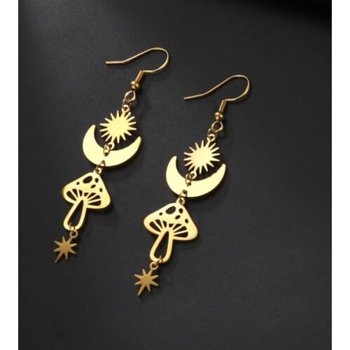Teamer Fashion Lovely Shinning Mushroom Moon Earrings for Women Girls Stainless Steel Long Earrings Cute Boho Jewelry Gifts