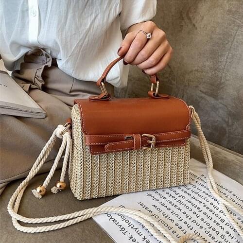 Box Rattan Handbags Women Wicker Woven Shoulder Crossbody Bag Female Casual Summer Fashion Beach Straw Bag Lady Small Bali Purse
