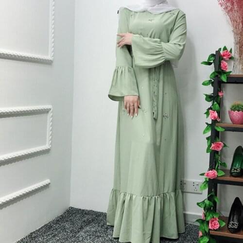 Diamond Beading Muslim Peignoir Robes Syari Dubai Fashion Female Full Length Ruffles Abaya Muslim Dress with Belt