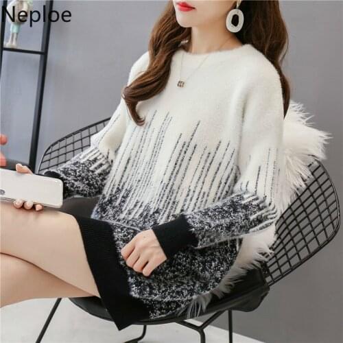 Neploe Imitation Water Velet Thicked Warm Pullover Sweater Contrast Color Patchwork Long Sleeve Pull Femme Autumn Winter Clothes