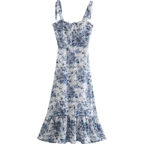 Sexy Strapless Midi Dresses for Women Summer 2021 Vintage Blue Floral Printed Midi-calf Dress Vestidos De Mujer Casual