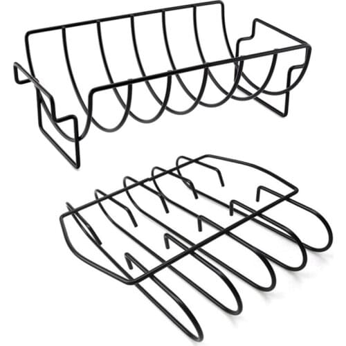 2 Pcs Non-Stick Rib Rack,Iron Roasting Stand,Chicken Beef Grilling Basket , Holds 6 Rib,for Grilling & Barbecuing(Black)