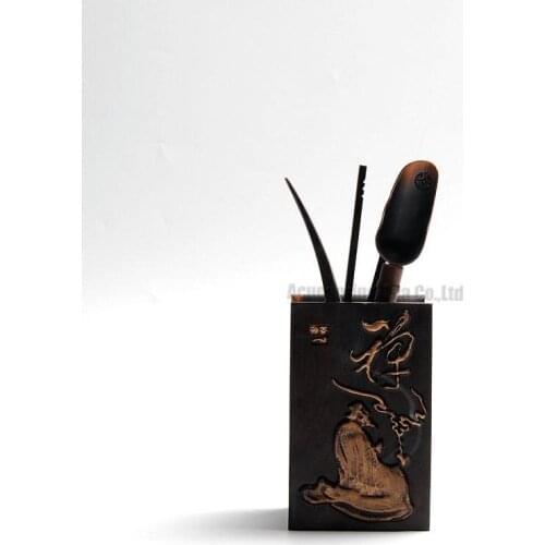 Luxurious 5pcs Arts Tea Tools,Valuablb Ebony Wood Tea Caddy/Clamp/Spoon/tick/Needle,Chinese Gongfu Tea ceremony,copper carving